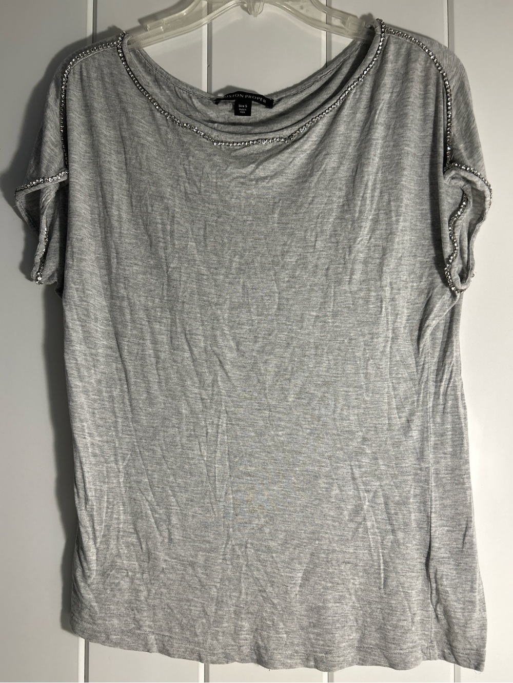 Boston Proper S top Grey Rhinestone Trim Boatneck Viscose Knit tee small